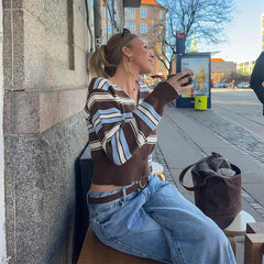 LIZAKOSHT  -  American Street Y2k Knitted Cardigan Personalized V-neck Striped Sweater Top Spicy Girl Fashion Short Versatile Thin Knitwear