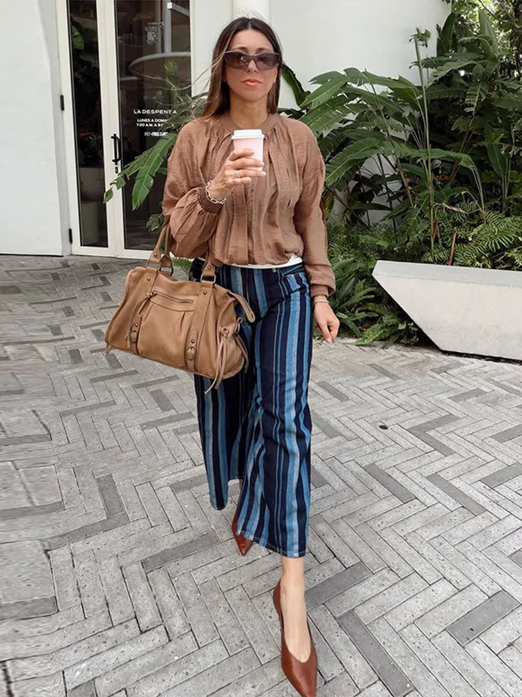LIZAKOSHT  -  Women's Rushed Regular Shirt Puff Sleeve O-neck With Button Solid Loose Blouses Autumn Minimalist All-match Fashion Outwear
