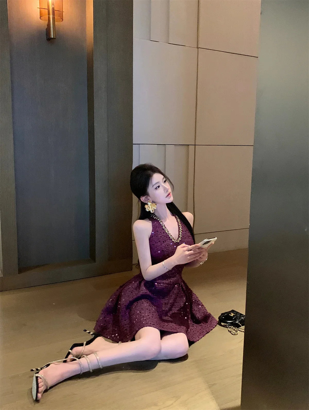 LIZAKOSHT  -  Korean Sweet Tweed Short Dresses For Women 2025 Spring Fashion Luxury Sequins Hotsweet Backless Sexy Party Dress Vestidos Cortos