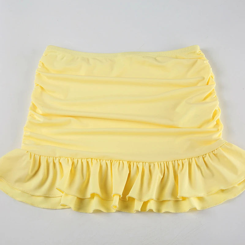 LIZAKOSHT  -  Yellow Layered Ruffles Skirt Set Women's Sexy Slim Fit Floral Edge Backless Halter Top Set 2025 Summer Vacation Street Outfit