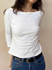 LIZAKOSHT  -  Solid Basic Three Quarter Sleeve T-shirts Woman Autumn Slash Neck Cotton Slim Crop Top Female Casual Simple All-match Tee Shirts