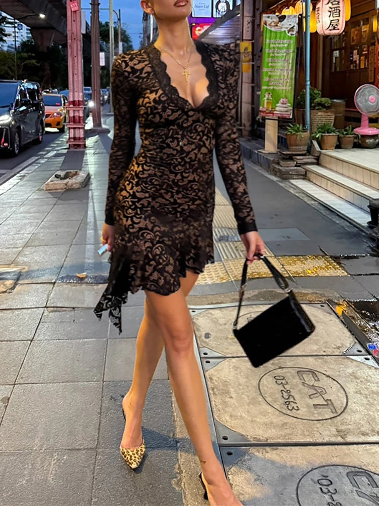 LIZAKOSHT  -  Irregular Sexy Deep V-neck Lace Women Dress Black Flare Sleeve Bodycon Mini Dress Autumn Slim Elegant Party Clunwear