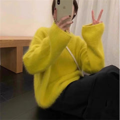 LIZAKOSHT  -   New Elegant Lady Autumn Winter Yellow Soft Mohair Knitted Loose Pullover Fashion Women O Neck Thick Long Sleeve Warm Sweater Top
