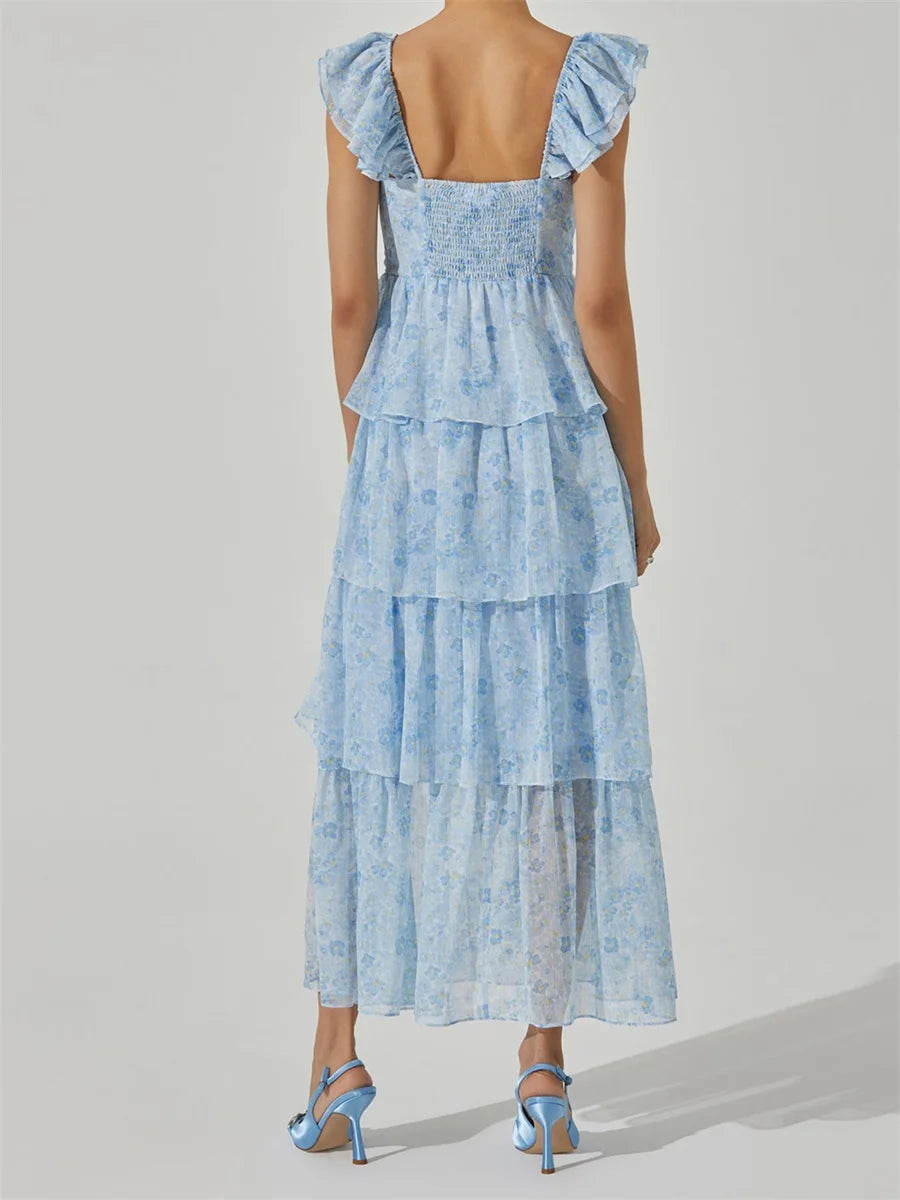 LIZAKOSHT  -  Women's Floral Dress Stylish Multi-Layered Ruffles Split Cap Sleeve Long A-Line Dress Summer