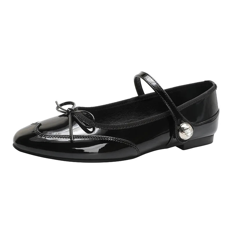 LIZAKOSHT  -  japanned leather bowtie flat shoes woman round toe rhinestone buckle mary janes ballet flats women soft bottom bow moccasins