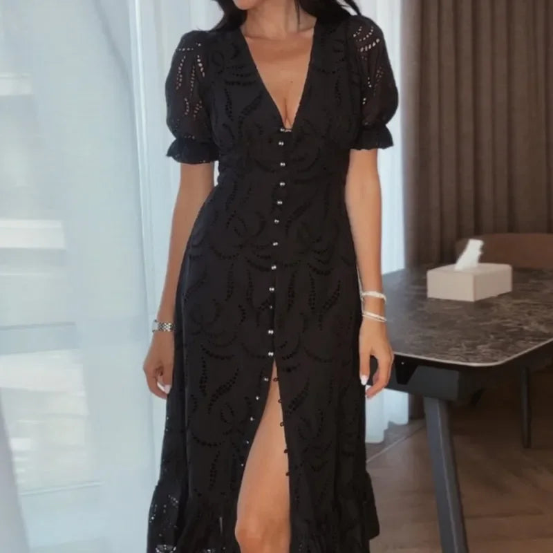 LIZAKOSHT  -  Elegant Hollow Out Dress For Women Fashion White V-neck Single Breasted Short Sleeve Slim Female Dresses 2025 Summer Lady Robe