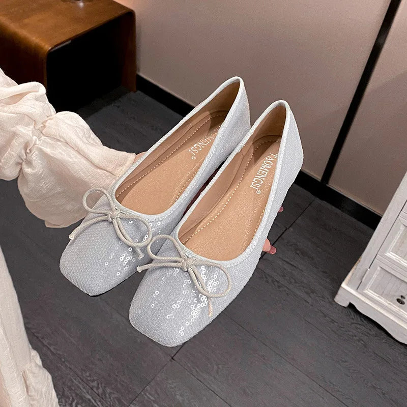 LIZAKOSHT  -  bling bling bowtie flat shoes woman square toe pink glitter ballet flats 35-43 big size shiny moccasins women bow loafers