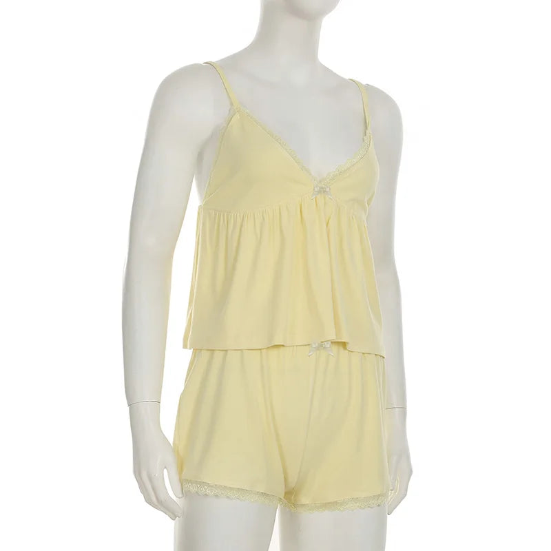 LIZAKOSHT  -  Lace Patchwork Solid Backless Two-piece Set Sleeveless Halter Vacation Sexy Sweet Suit Deep V-neck Summer Twinset