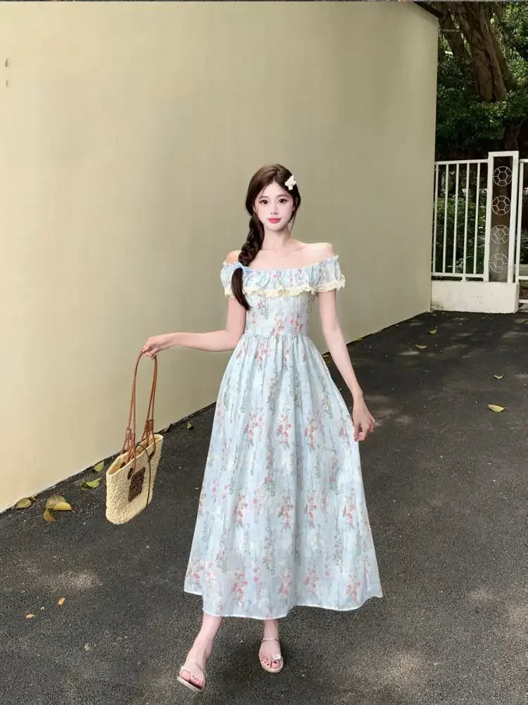 LIZAKOSHT  -  Beautiful Lace Square Neck Small Flying Sleeve Floral Dress with Temperament Waist-hugging and Slimming A-line Long Skirt