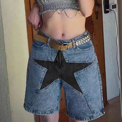 LIZAKOSHT  -  Denim Short Pants Five-Pointed Star Patch Knee Length Mid Waist Patchwork Pockets Print Washing 2024 Streetwear Women Jeans