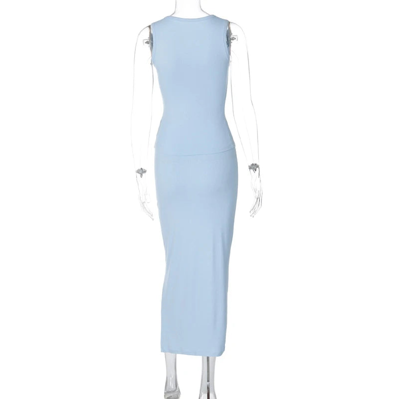 LIZAKOSHT  -  2 Piece Outfits Sexy Women Solid Color Ribbed Buttons Sleeveless Tank Top and Long Skirt Clothes Set 2000s Streetwear