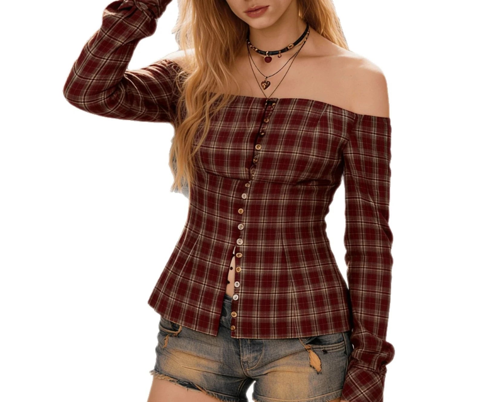 LIZAKOSHT  -  2026 Spring New Arrival Plaid One-Shoulder Long Sleeve Shirt with Design Appeal, Niche Style, Exposed Shoulder Top for Women