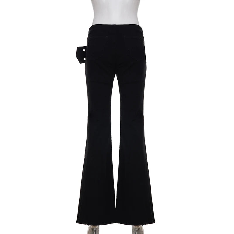 LIZAKOSHT  -  Y2k Heavy Duty Eyelet Belt Flared Jeans Punk Grunge Low-Waist Slim Skinny Denim Trousers Aesthetic 2000s Pants Fashion