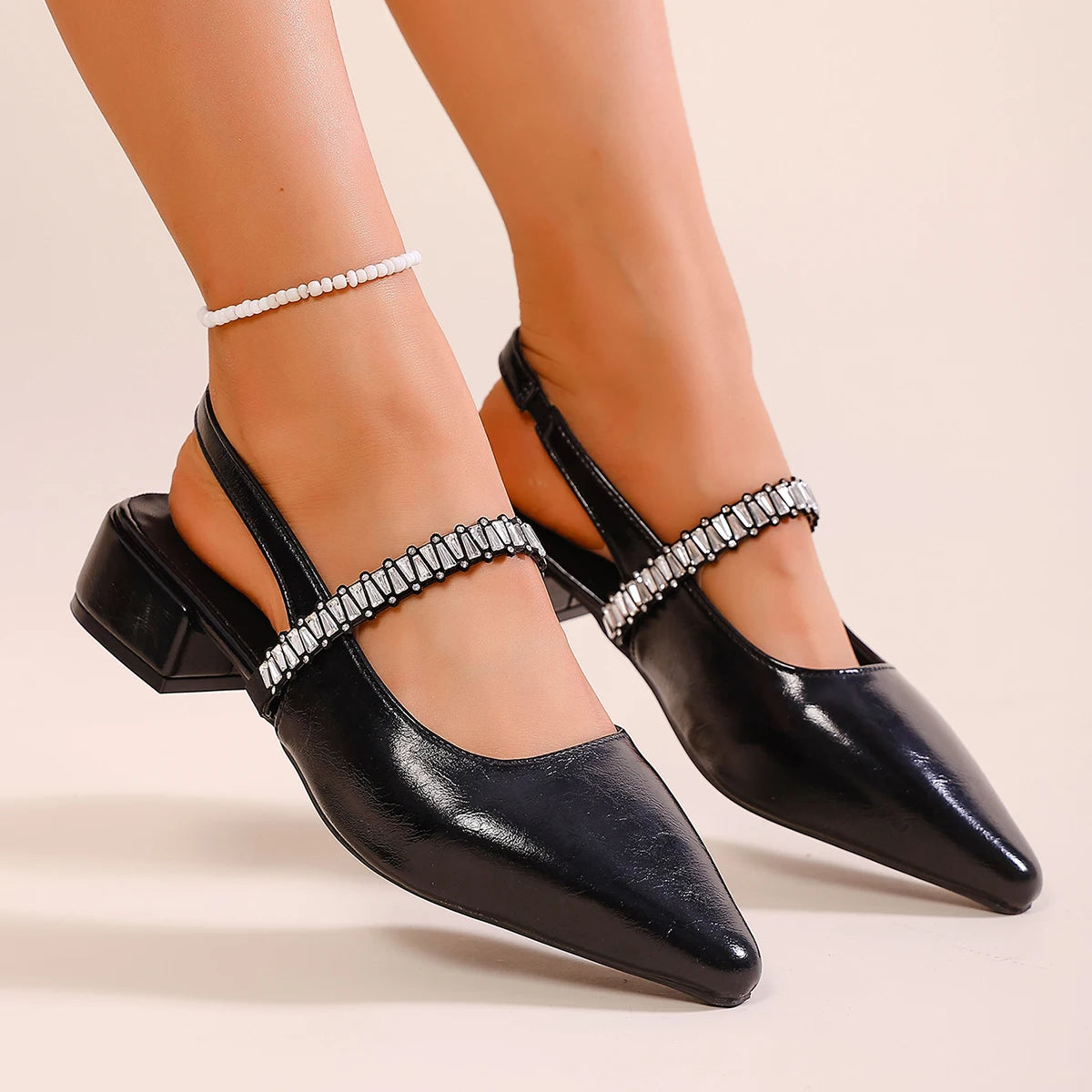 LIZAKOSHT  -  Pointed toe women's single shoes square heel rhinestone back elastic fashion and elegant holiday formal banquet women's shoes