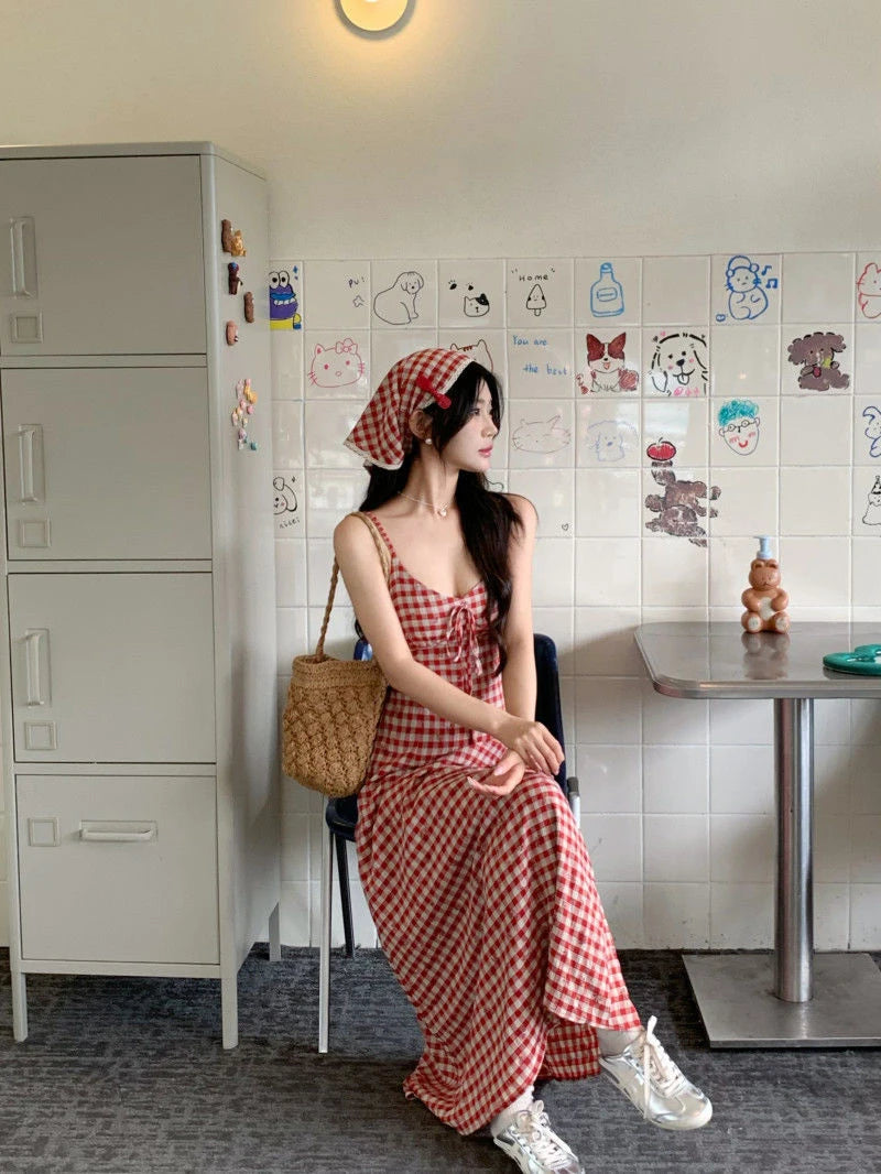 LIZAKOSHT  -  Sexy Backless Red Plaid Dress Women Summer Sweet Skinny Spaghetti Strap Dress Pretty Style Chic Elegant Party Night Vestidos