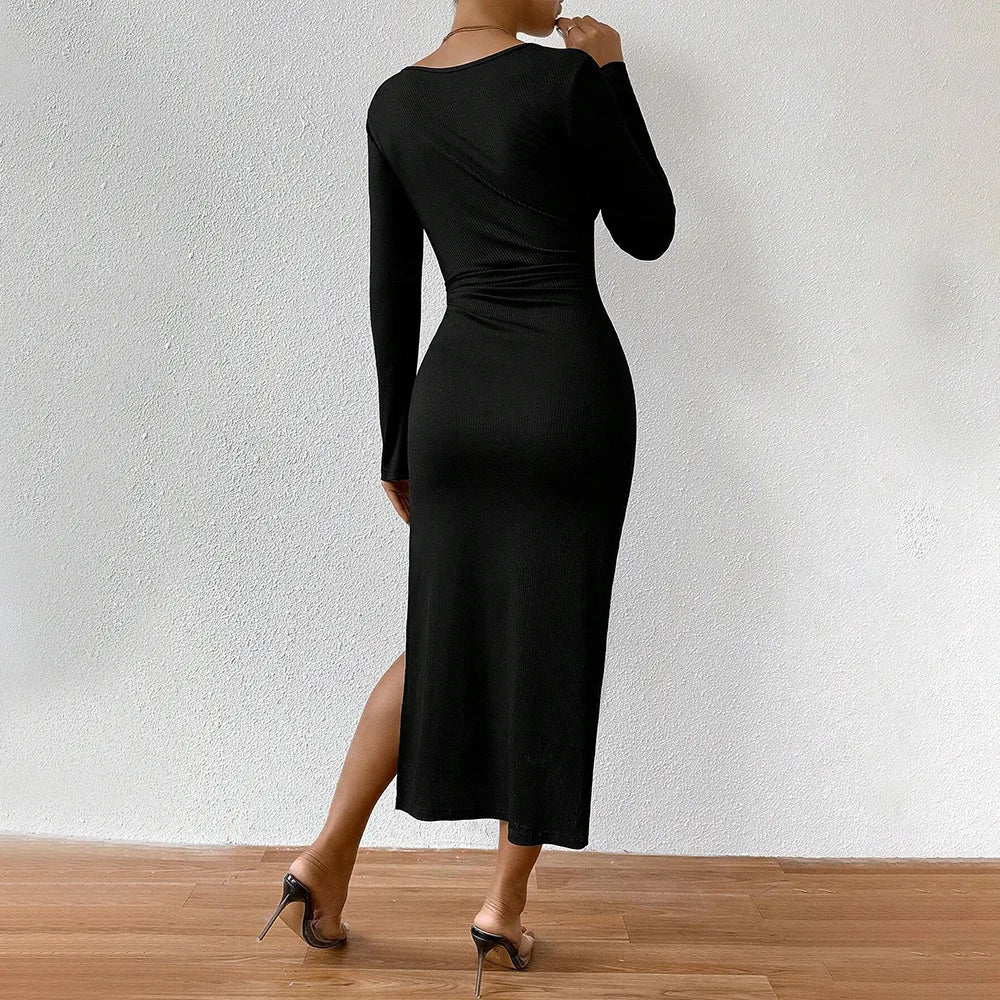 LIZAKOSHT  -  Women Elegant Lady Style Dress Square Neck Sexy Slit Slim Fit Midi Skirt Dresses