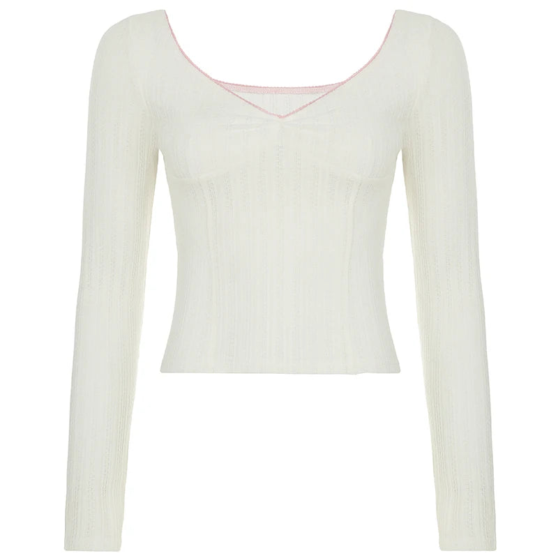 LIZAKOSHT  -  Contrast Lace V-neck Top Coquette Aesthetic Folds Chest Long Sleeve T-shirt Y2K Sexy Slim-fit Knitted Tops Fall Spring
