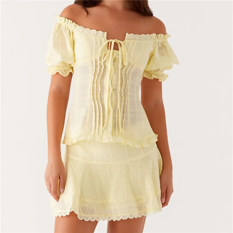 LIZAKOSHT  -  Women Aesthetic Skirts Set Y2k Ruched Button Up Crop Top + Skirt Vintage Puff Sleeve Milkmaid Tees Sweet Girl Streetwear