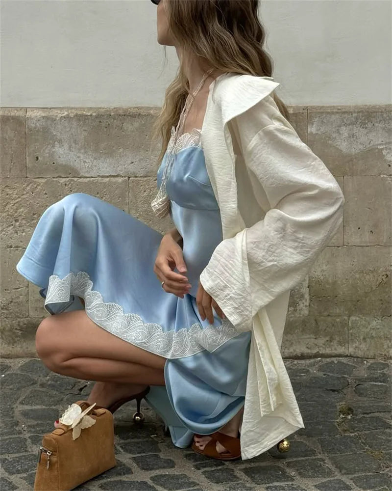 LIZAKOSHT  -  Ruched Sexy Spaghetti Strap Maxi Dress Women Split Blue Sleeveless Backless Club Party Dress Fashion Elegant Vestido