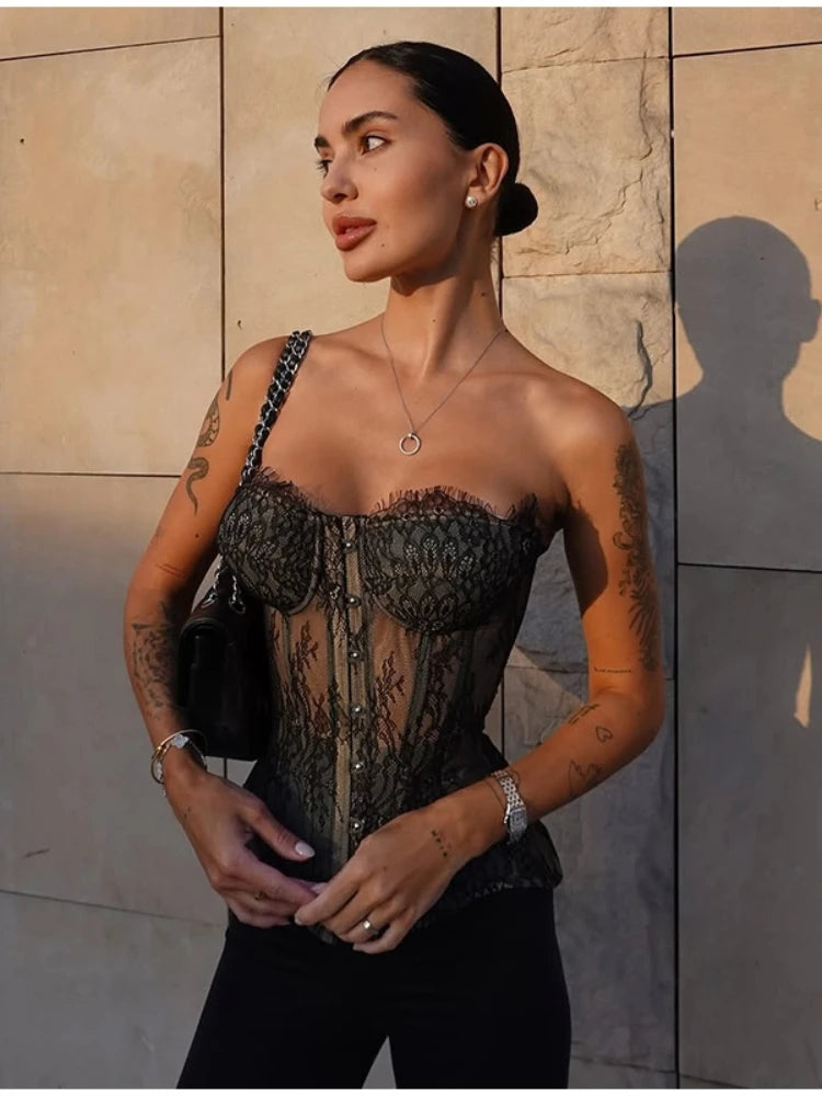 LIZAKOSHT  -  Sexy Lace Strapless Bead Top Women Fashion Sleeveless Perspective Slim Fit Short Top 2025 Lady Summer Chic Casual Streetwear