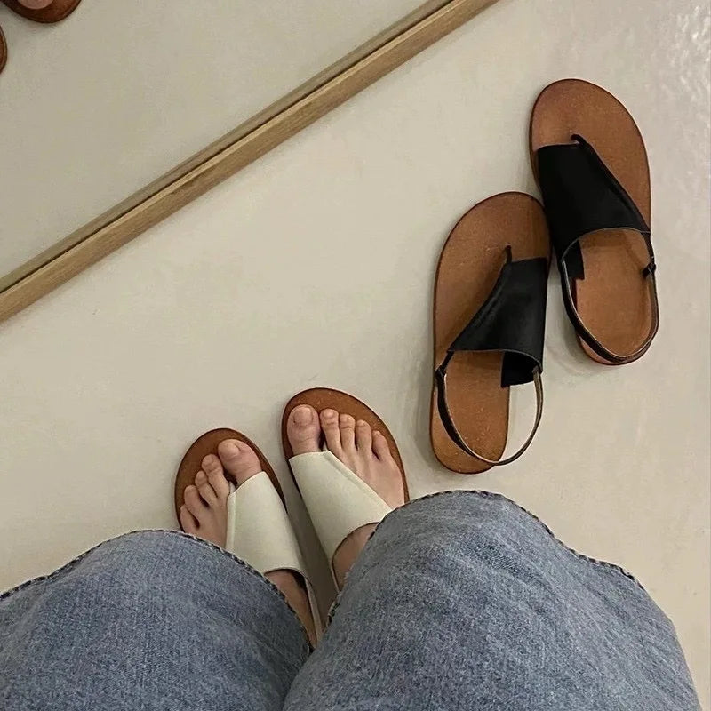 LIZAKOSHT  -  French Genuine Leather Simple Flat Bottom Toe-Over-Rromano Sandals Women Summer New Beach Casual Foot-Mouth Slippers Outdoor Wea