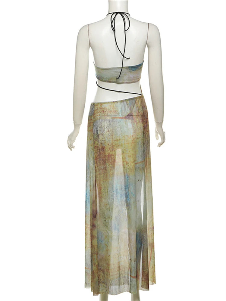 LIZAKOSHT  -  Summer Vintage Print Halter Backless Long Dress Beach Outfit Women 2024 See Through Hollow Out Waistlesst Party Vestidos