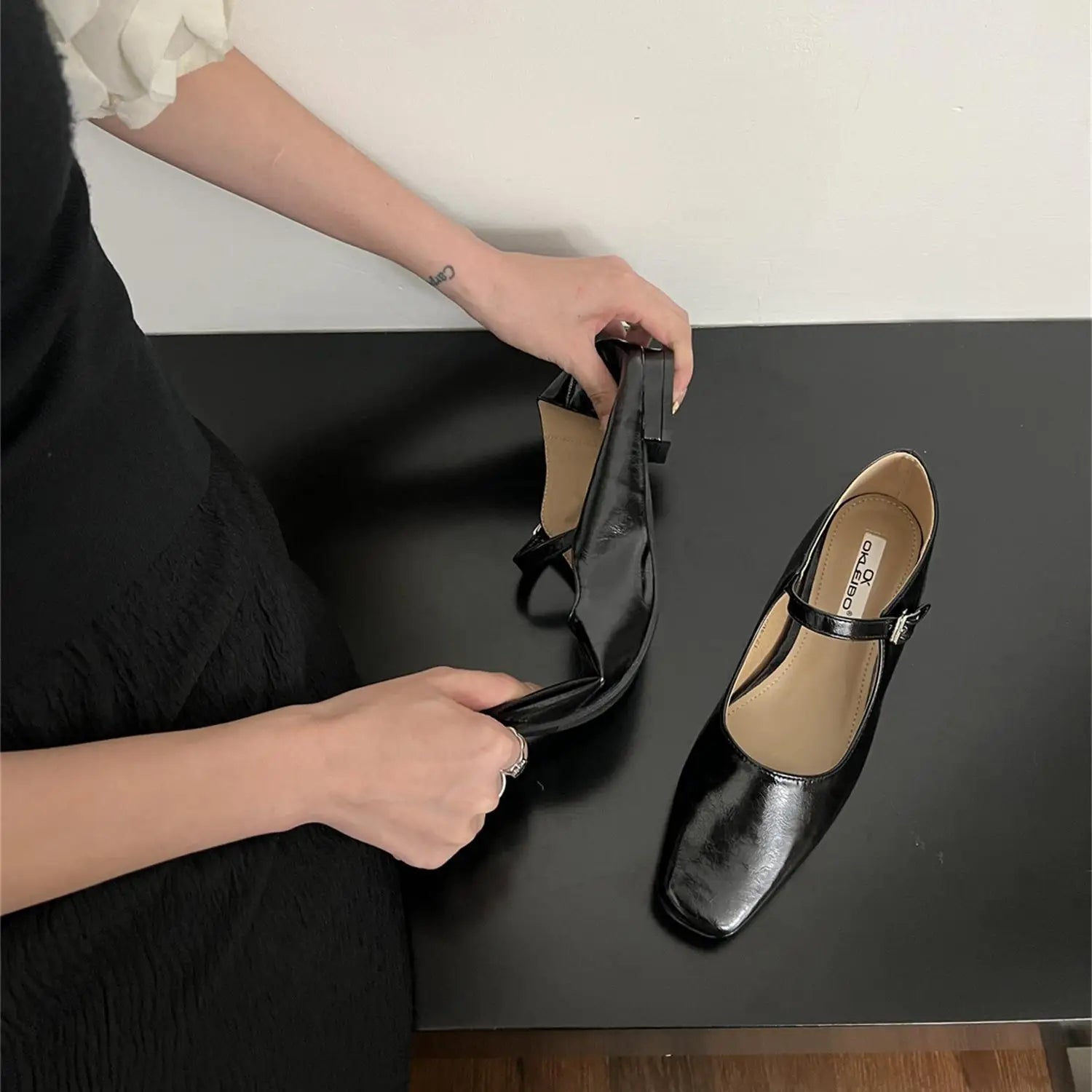 LIZAKOSHT -  Silver Ballerina Shoes Woman Belt Strap Mary Janes Lolita Square Toe Flats OL Ladies Dress Mocasines Brides Wedding Ballets