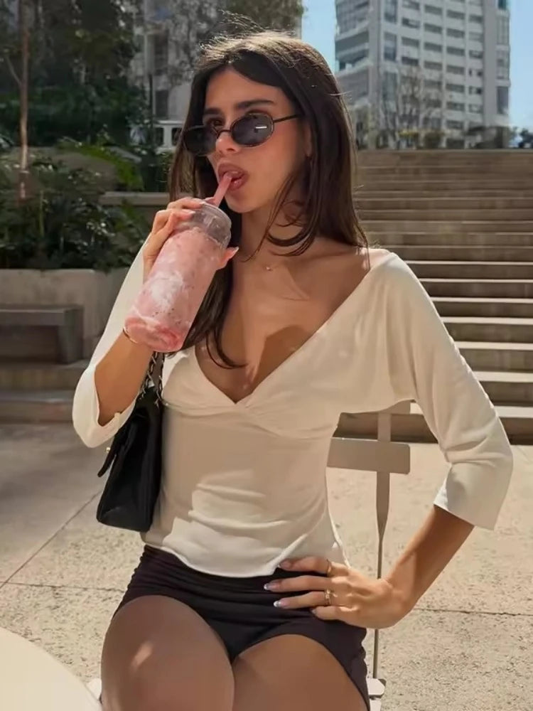 LIZAKOSHT  -  Summer Solid Slim Long Sleeve Women's Tops Sexy Deep V-neck Ruched Backless Crop Tops T-shirts Y2k Top Female Chic Tanks