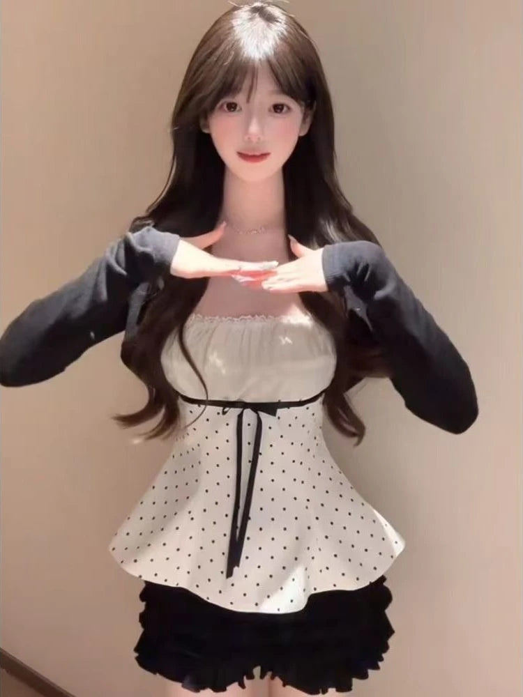 LIZAKOSHT  -  Korean Fashion Sweet Summer Design Polka Dot Sling Vest + Black Cardigan + High-waist Short Skirt 2-piece Set Women's New