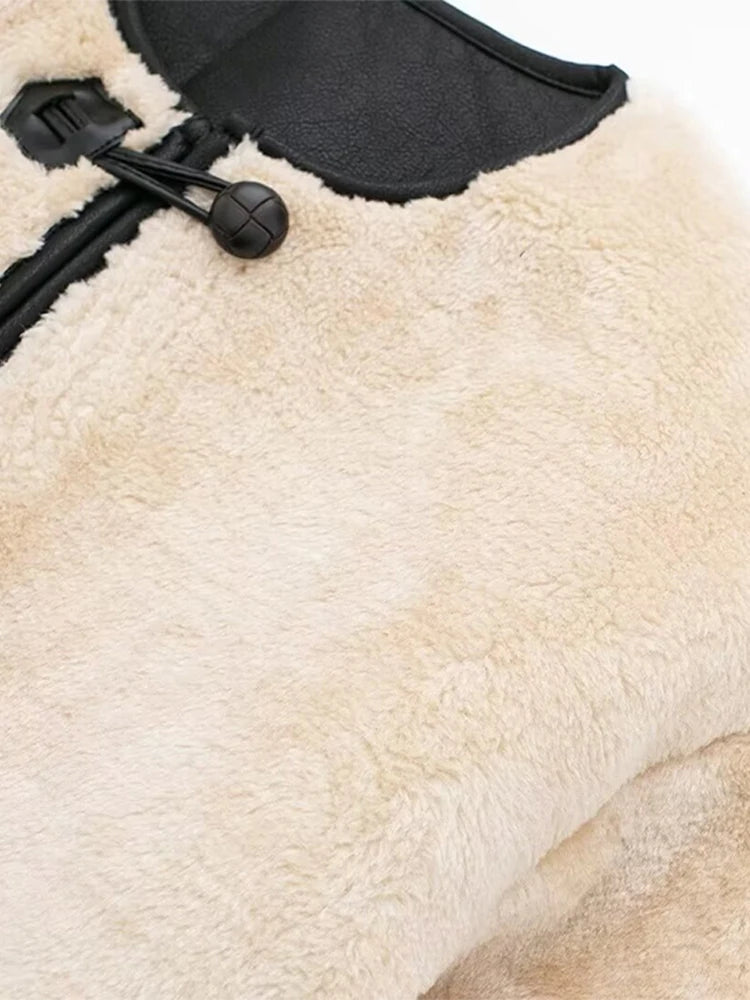 LIZAKOSHT  -  Mid Length Leather Fur One-Piece Jacket Coat Knot Buckle Lamb Faux Fur Overcoat Round Neck Women Classic Two Wear Outwear Top