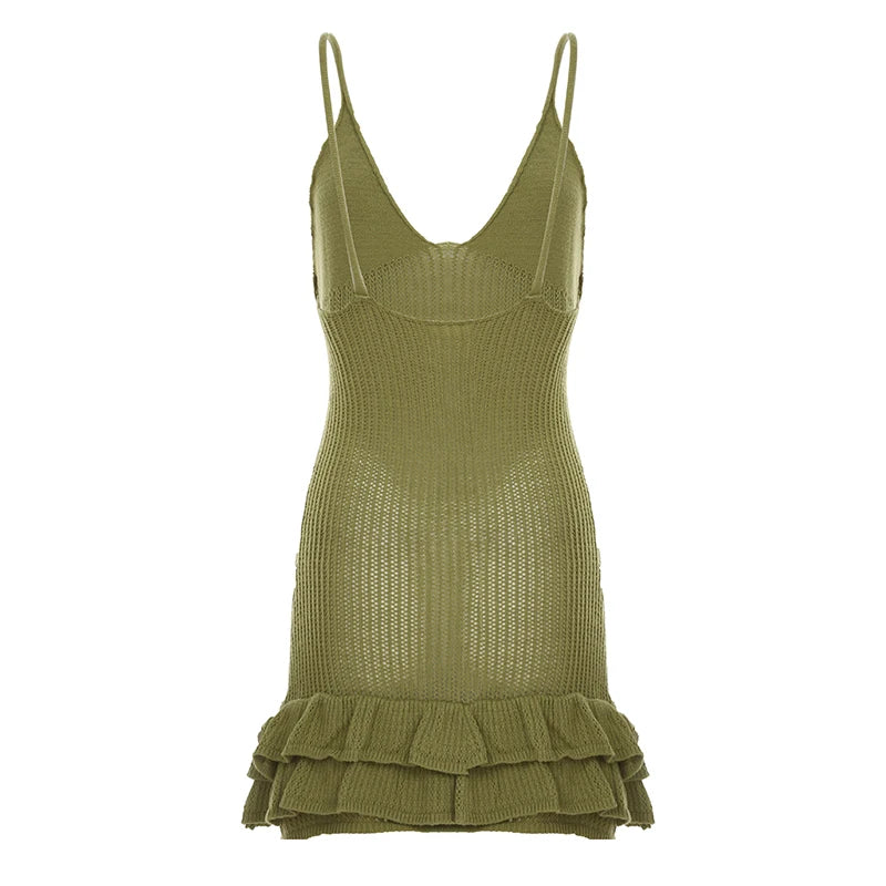 LIZAKOSHT  -  Sexy Holiday Style V-neck Spaghetti Strap Dress Ruffles Trim See Through Hollow Out Knitted Bodycon Short Dress 2025