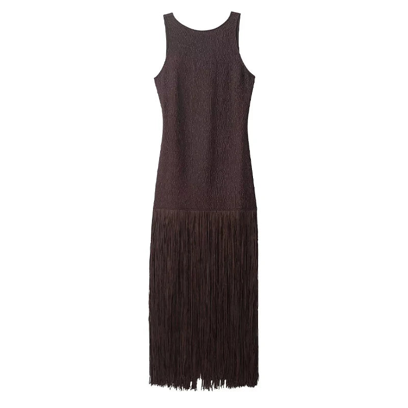 LIZAKOSHT  -  Women's Solid Sleeveless Maxi Dress Fashion O-neck Backless Patchwork Tassel Hem Dress Lady Spring Elegant Party Vestidos