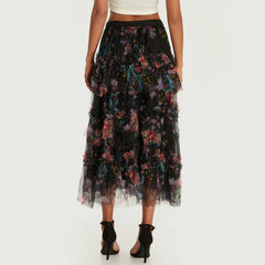 LIZAKOSHT  -  Early Fall Floral Print Ruffle Mesh Skirt Women Irregular Flowy A-line Midi Skirt for Travel, Beach, Shopping