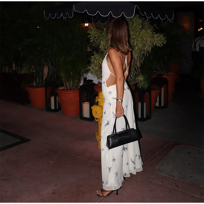 LIZAKOSHT  -  Sexy Printed Halter Long Dresses Women Fashion Sleeveless Backless High Waist Slim Maxi Dress 2025 Lady Summer Chic Casual Robes