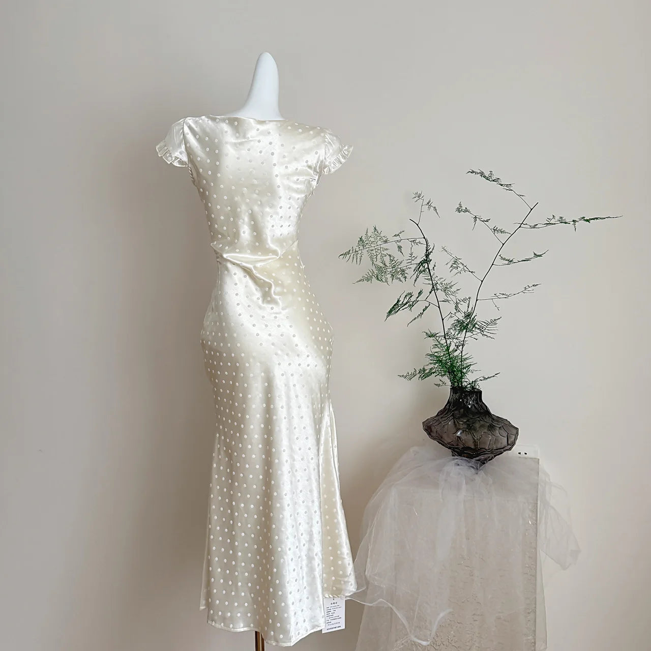 LIZAKOSHT  -  French Vintage Cream White Satin Polka Dot Lace Ruffle Cap Sleeves V Neck Waist Cinched Maxi Dress Women Girls Daily Party Wear