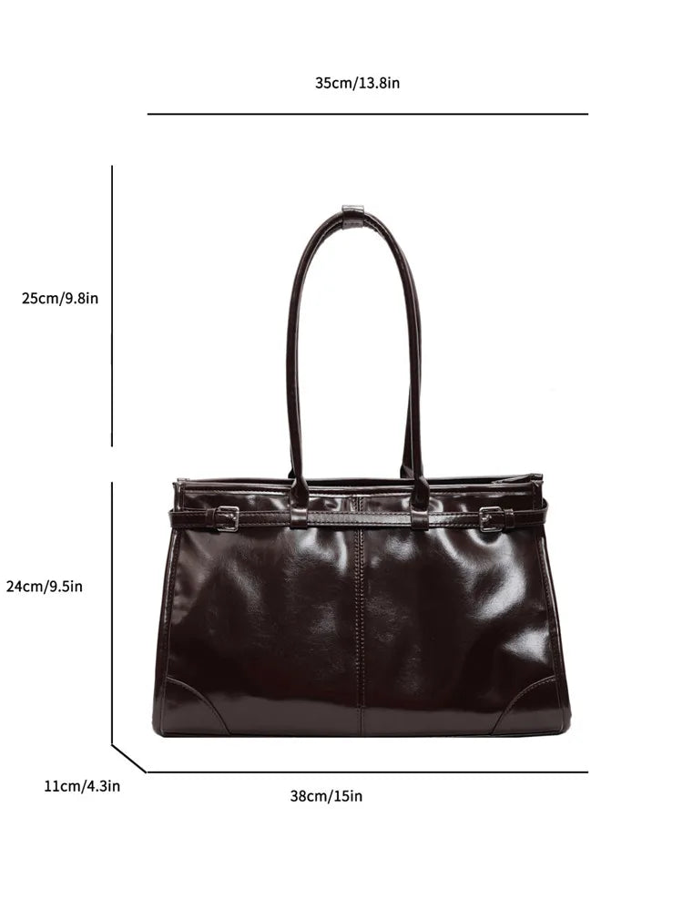 LIZAKOSHT  -  Shiny PU Leather Handbags Women Large Solid Elegant Shoulder Bags Classic Female Packages England Style Retro Casual Totes Lady