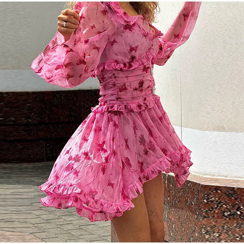 LIZAKOSHT  -  Sexy Tie-dye Print Ruffles Short Dress Women V-neck Flare Full Sleeve A-line High Waist Dresses 2025 Summer Vacation Beach Robes