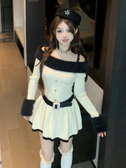 LIZAKOSHT  -  Women Knitted Mini Dress Autumn Hottie Slash Neck Patchwork Fashion Camisole Dresses Off Shoulder Belt Button Casual Vestidos