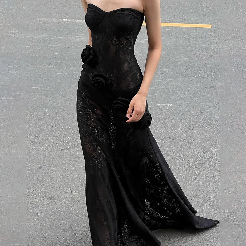 LIZAKOSHT  -  Summer Lace Strapless 3D Flowers Appliques Long Sleeveless Prom Club Dress See Through Sexy Solid Sheath Dress Vestidos
