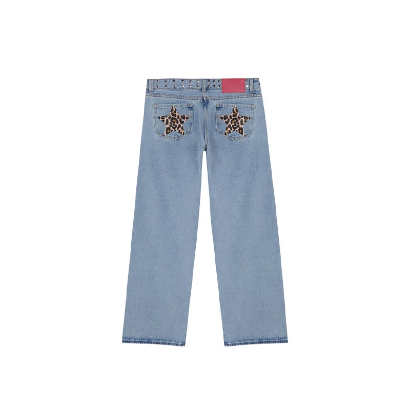 LIZAKOSHT  -  Chic Diamonds Leopard Pentagram Pants For Women Straight-leg Ankle-length Pocket Jeans 2025 Spring Summer Female Casual Trousers