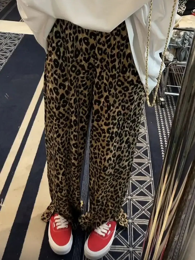 LIZAKOSHT  -  Leopard Print Slit High Waist Wide Leg Pants Fashion Street Loose Casual Pants Retro All-match Trousers Streetwear Women