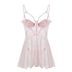 LIZAKOSHT  - Sweet Suspender Nightdress with Panties Sexy Lingerie See Through Gauze Women's Loungewear Lace Backless Steel Ring Nightdress