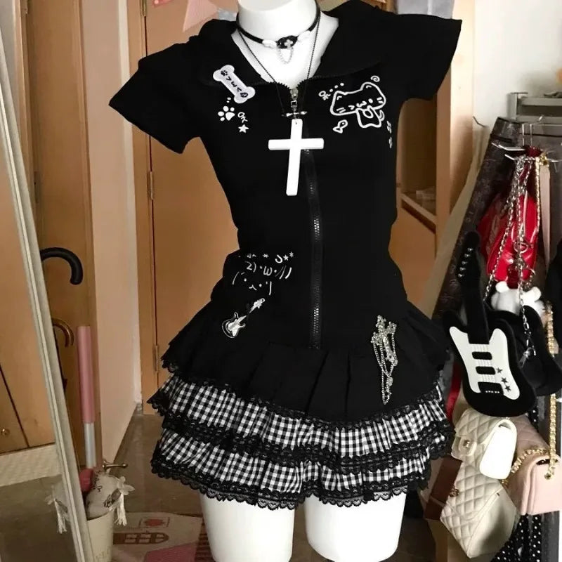 LIZAKOSHT  -  Mini Women's Skirts Japanese Jupe Streetwear Patchwork Lace Plaid Saia Faldas Mujer De Moda A-line Fashion Punk Y2k Skirt