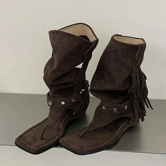 LIZAKOSHT  -  Fashion Vintage Comfortable Low Heels Tassel Rivet Square Clip Toe Women Ankle Boots Sandals Casual Banquet Shoes