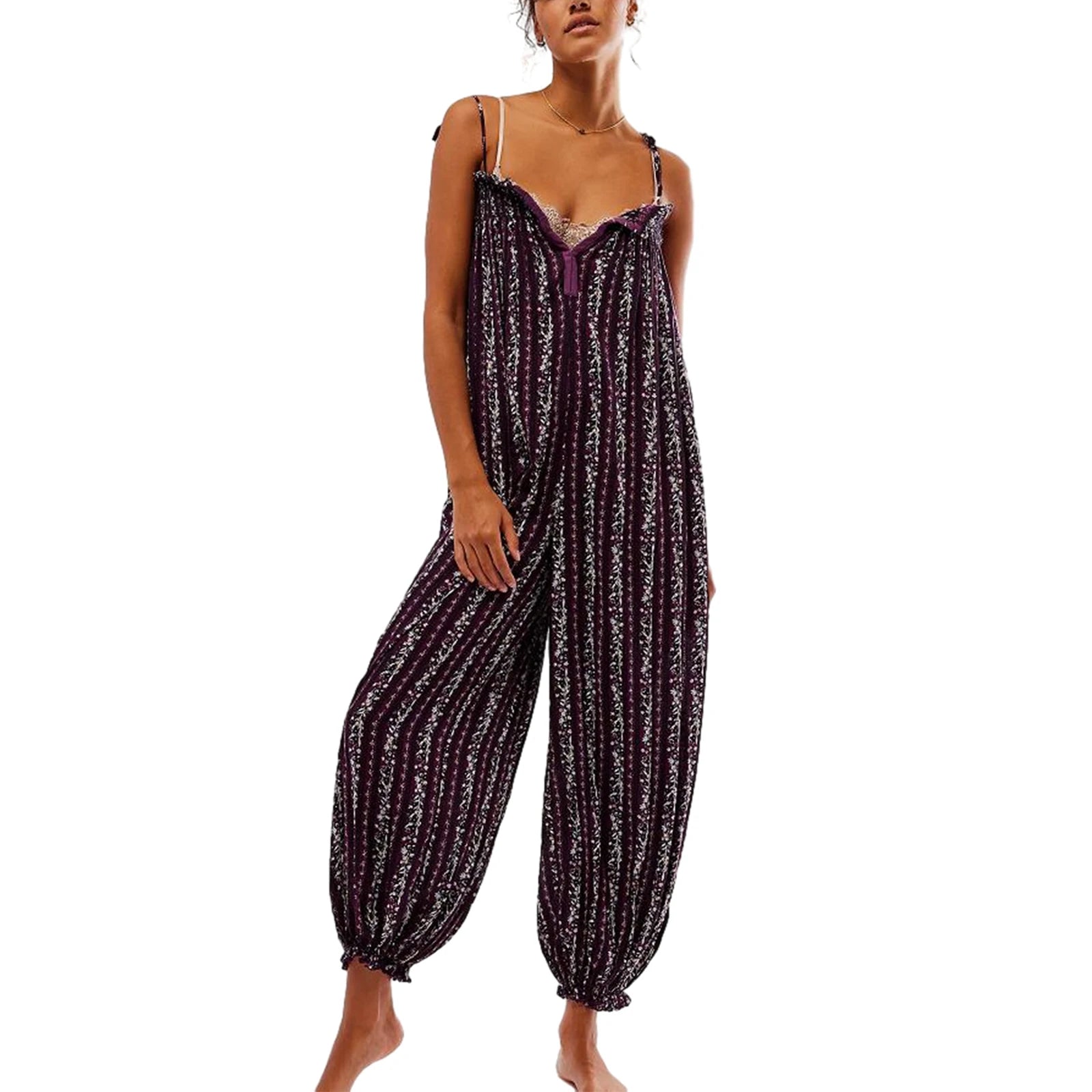 LIZAKOSHT  -  Women Summer Cami Jumpsuits Retro Floral Print Tie-Up Spaghetti Strap Sleeveless Long Rompers Fashion Loose Playsuits
