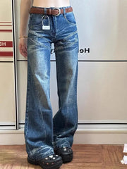 LIZAKOSHT  -  Y2K Fashion Blue Simple Casual Straight Jeans Woman Autumn Retro Streetwear Washed Loose Harajuku Street Straight Jeans