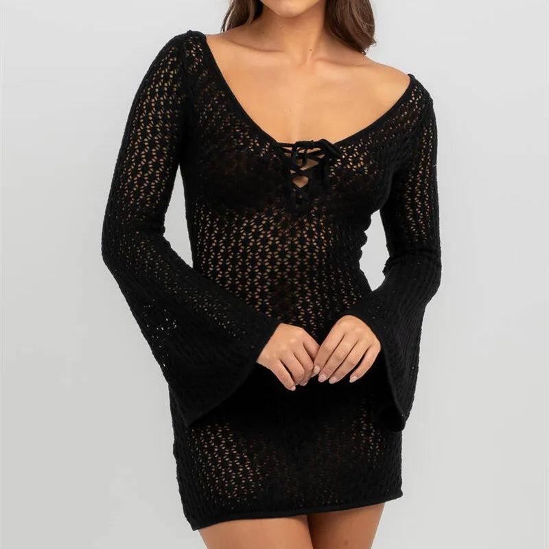 LIZAKOSHT  -  Women Crochet Cover Up Dress Summer Long Sleeve Hollow Out Knit Mini Dress Sexy V Neck Backless Swimsuit Beach Dress
