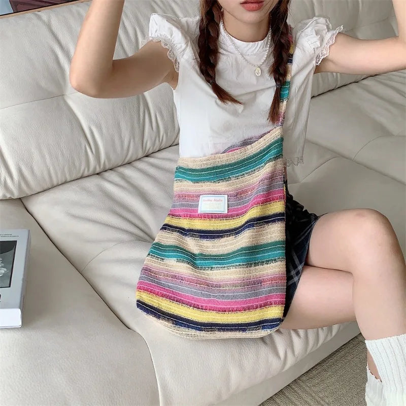 LIZAKOSHT  -  High-capacity Fashion Contrast Color Striped Tote Bags Y2k Casual Knitted Underarm Bag Rainbow Women Sweet Ins Shoulder Handbags