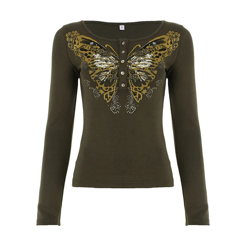LIZAKOSHT  -  Y2k Aesthetic Vintage Butterfly Printing T-shirt Women Streetwear Grunge Slim Fit Tshirts Autumn Streetwear Button Casual Tees