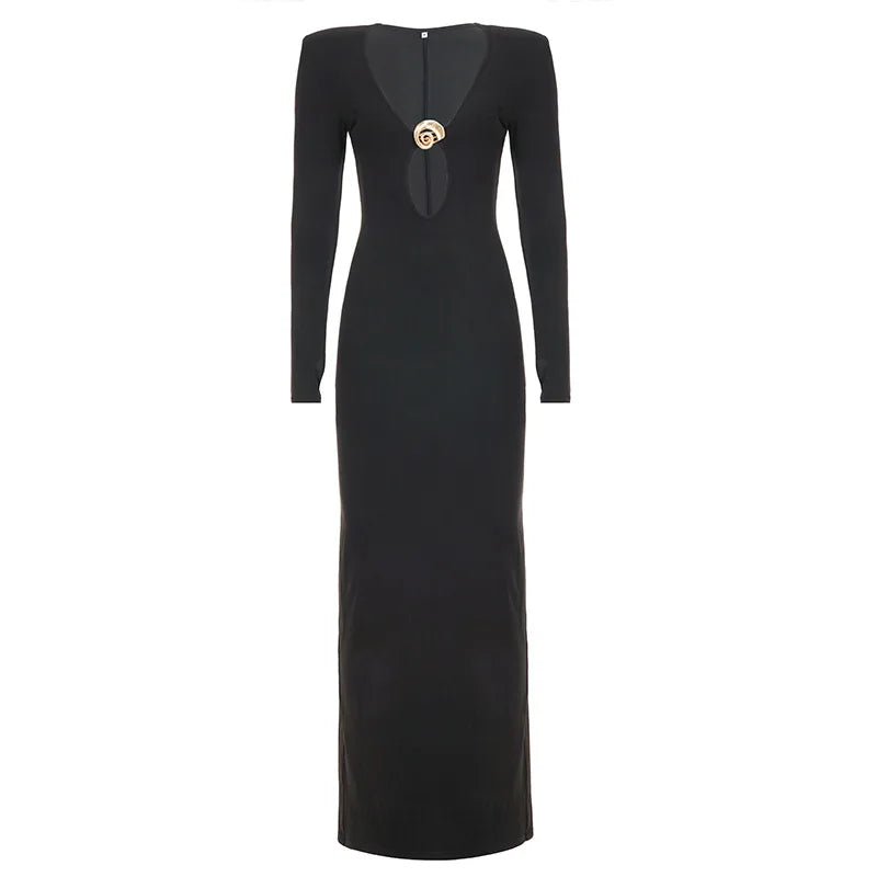 LIZAKOSHT  -  Women Sexy Metal Buckle Hollow Out Boydcon Maxi Dress Deep V Neck Full Sleeve Wrap Hips Split Party Long Robe Birthday Outfits